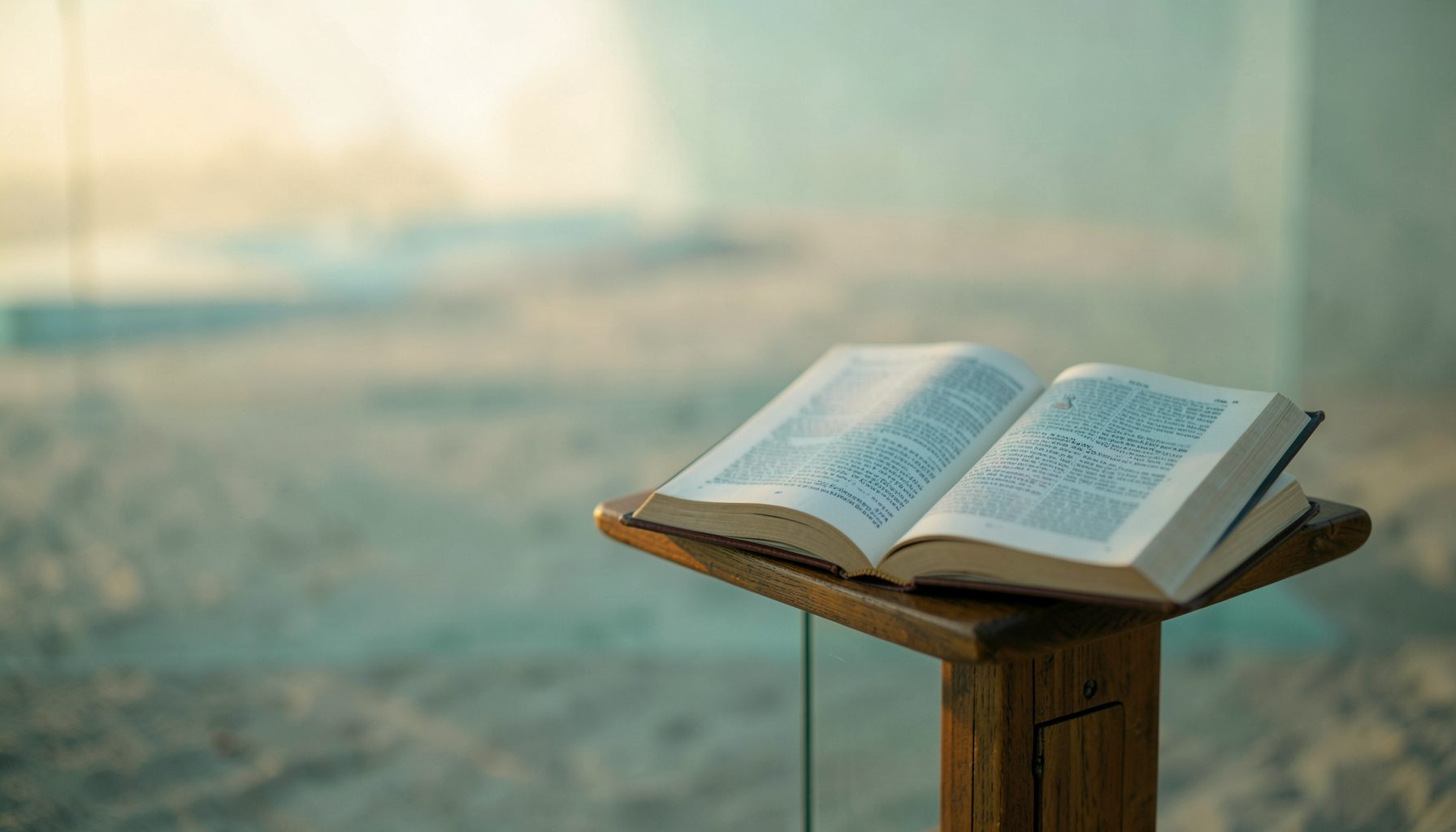 A soft teal and warm sandy horizon at dawn over a quiet reading space, with an open book of scripture resting on a wooden surface