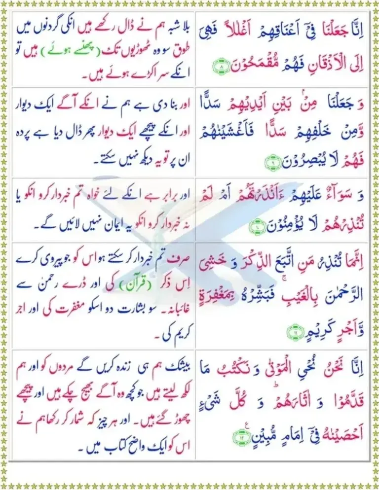 Surah Yaseen page 2 with Urdu translation, Quranic ayat about guidance and warning in Arabic