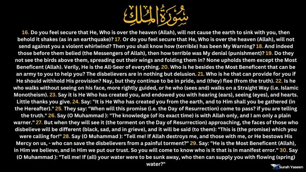 Surah Al-Mulk English verses 16-30 with Quran translation for reflection, study, and memorization