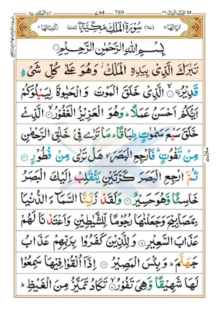 Surah Al Mulk page 1 in Arabic text from the Holy Quran