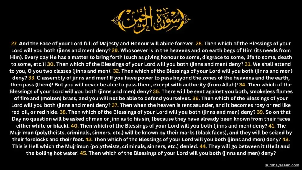 Surah Ar-Rahman English page 2 describing jinn, humans, judgment signs, and repeated blessings