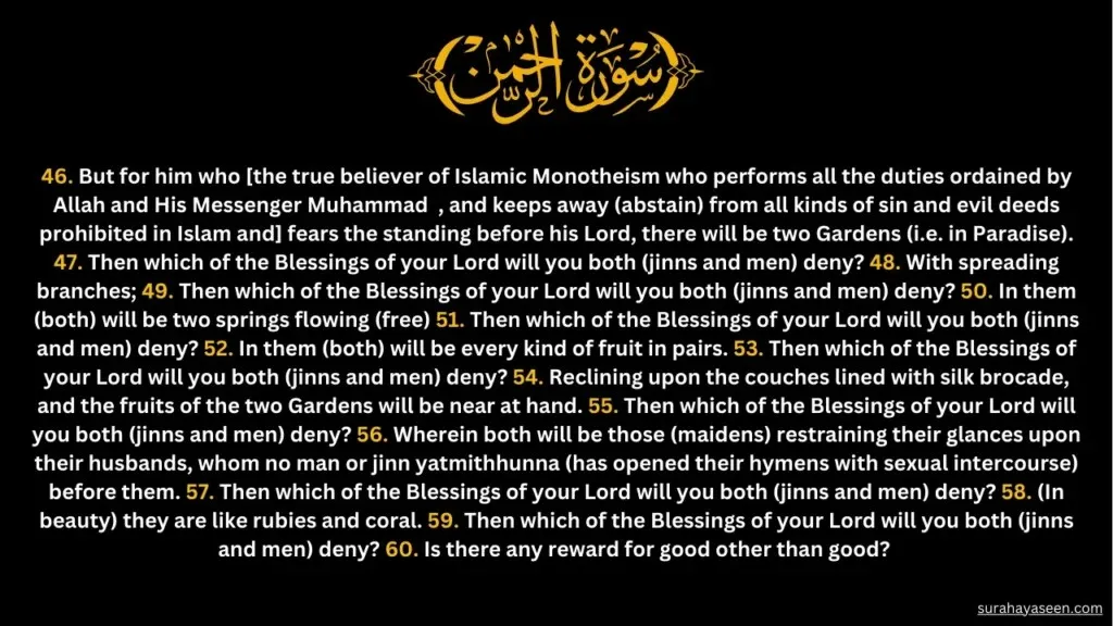 Surah Ar-Rahman English page 3 with paradise rewards, gardens, blessings, and maiden description