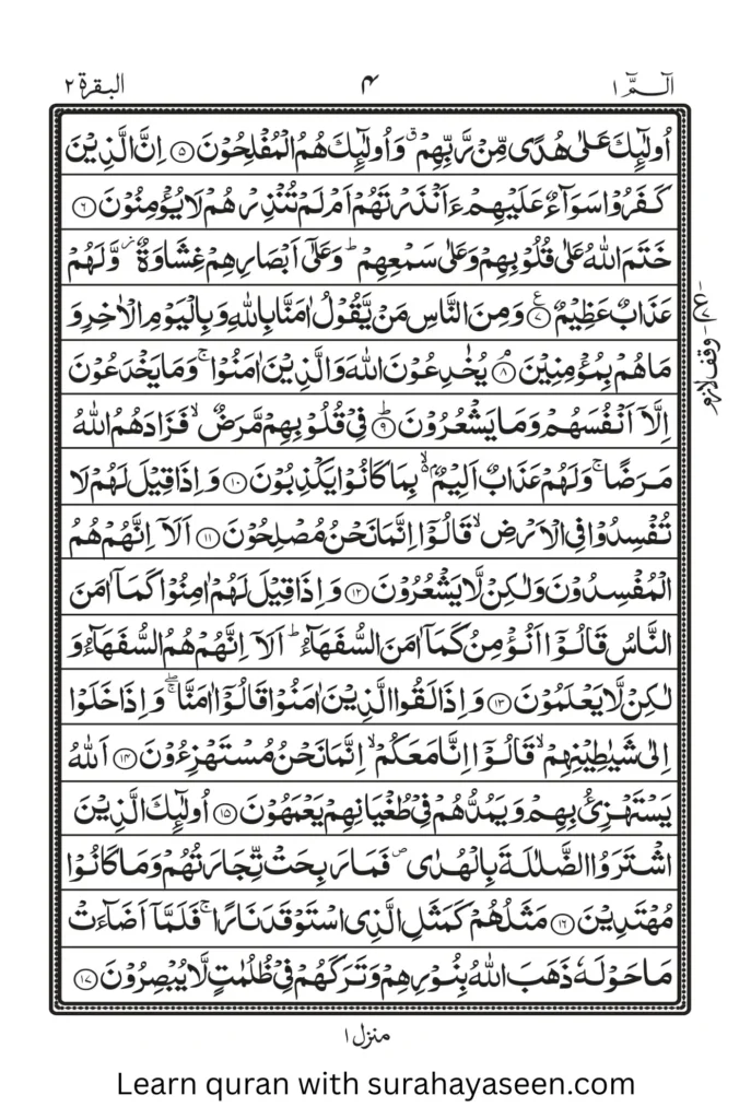 Quran Para 1 Page 2 – Continued verses of Surah Al-Baqarah for online reading